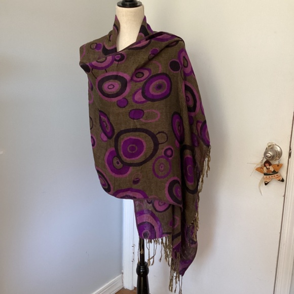 VINTAGE WOMAN JAQUARD SCARF SHAWL PURPLE OLIVE GEOMETRIC FRINGE - Picture 2 of 6